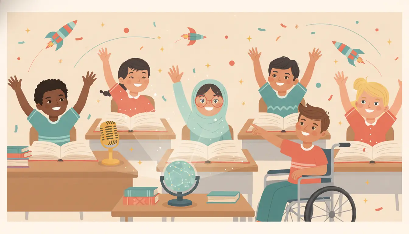 A classroom mid-wonder: paper rockets, raised hands, a constellation chalkboard
